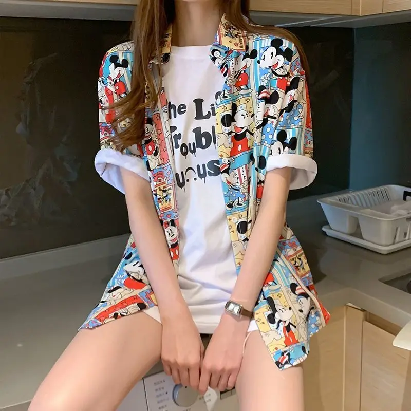 قميص ديزني اللطيف ميكي للفتيات الصيفي كاجوال متعدد الاستخدامات بتصميم مطبوع ثلاثي الأبعاد بأكمام قصيرة