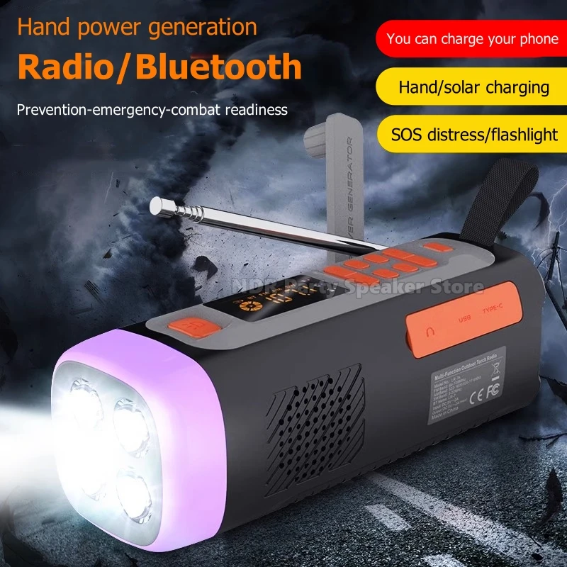 

FM/ Bluetooth Emergency Broadcast Speakers SOS Alarm Function Battery-powered Portable Night Light Solar /USB-C Handle Charger