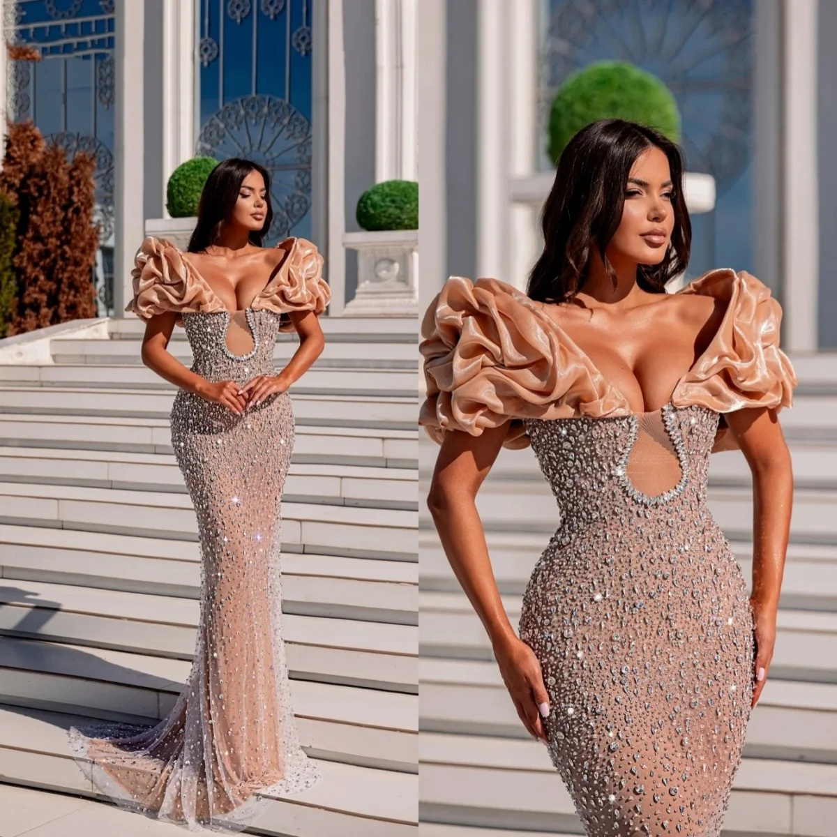 

Charming Handmade Mermaid Evening Dress Off Shoulder Crystal Prom Gowns Fashion Sleeveless Sweep Train Party Dresses Customized