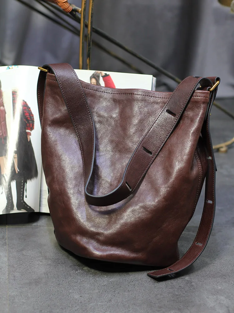 

PNDME vintage lazy vegetable tanned cowhide women shoulder bag weekend daily travel designer genuine leather ladies underarm bag