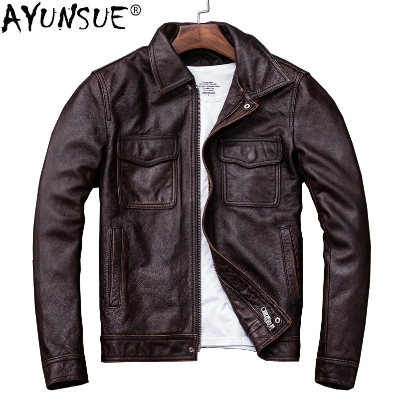 

Genuine Cow Leather Jacket Men Plus Size Cowhide Coat Short Bomber Veste Cuir Homme Vintage KJ1913