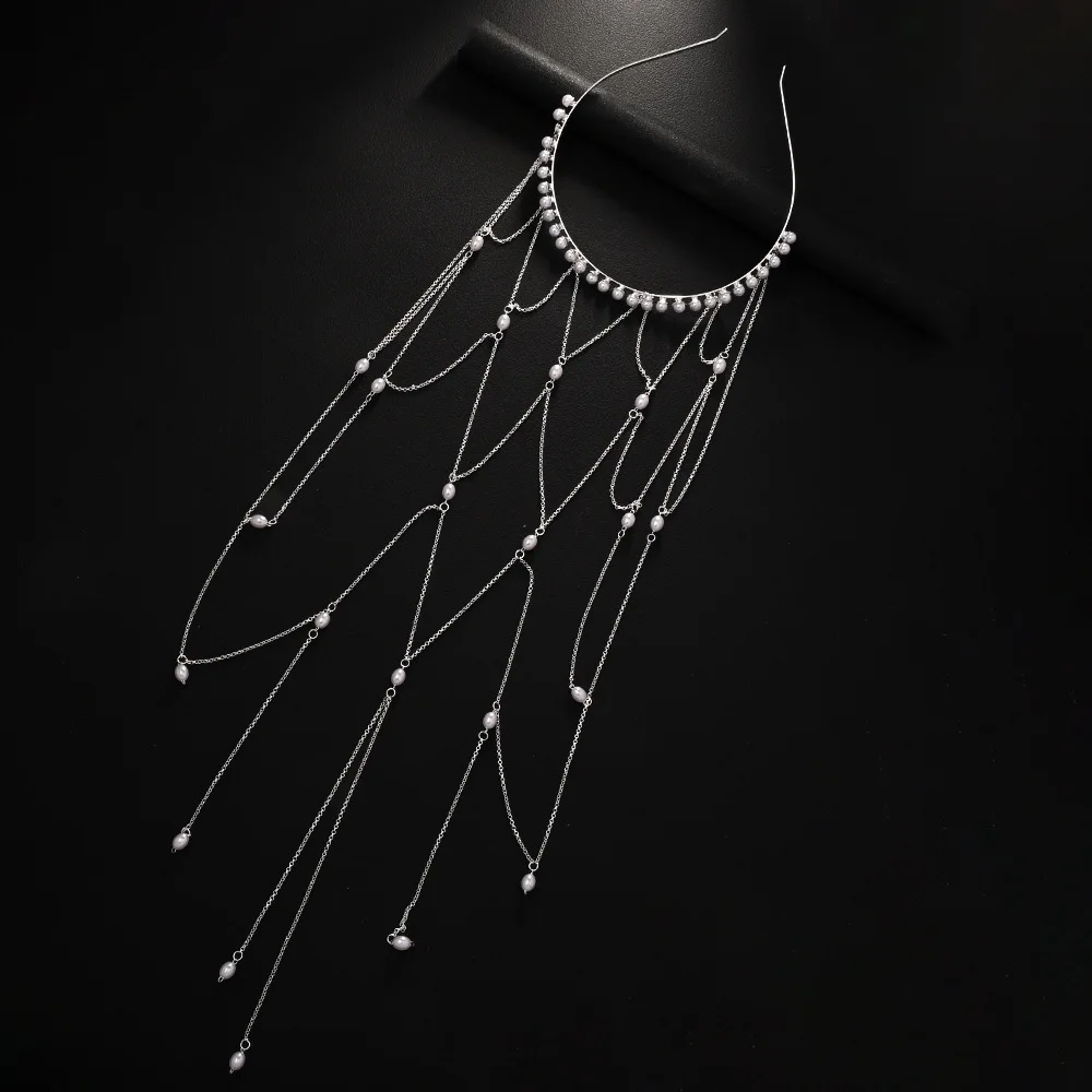 

High-quality Boho Tassel Mesh Head Chain Women Vintage Silver Pearl Bridal Backhead Hollow Headpiece Jewelry