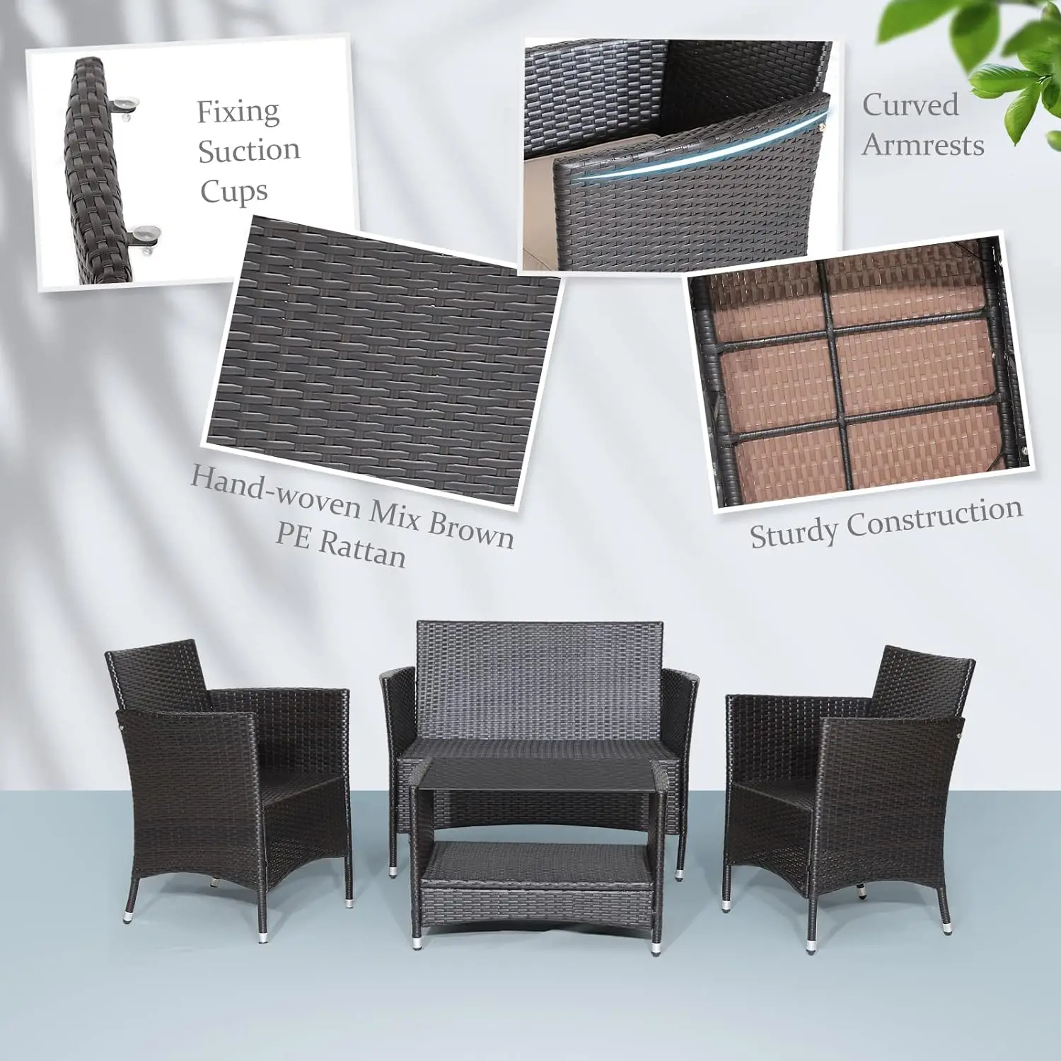 4 Pieces Patio Furniture Set, Patiojoy Outdoor PE Wicker Conversation Set with Soft Cushions and Tempered Glass Tabletop