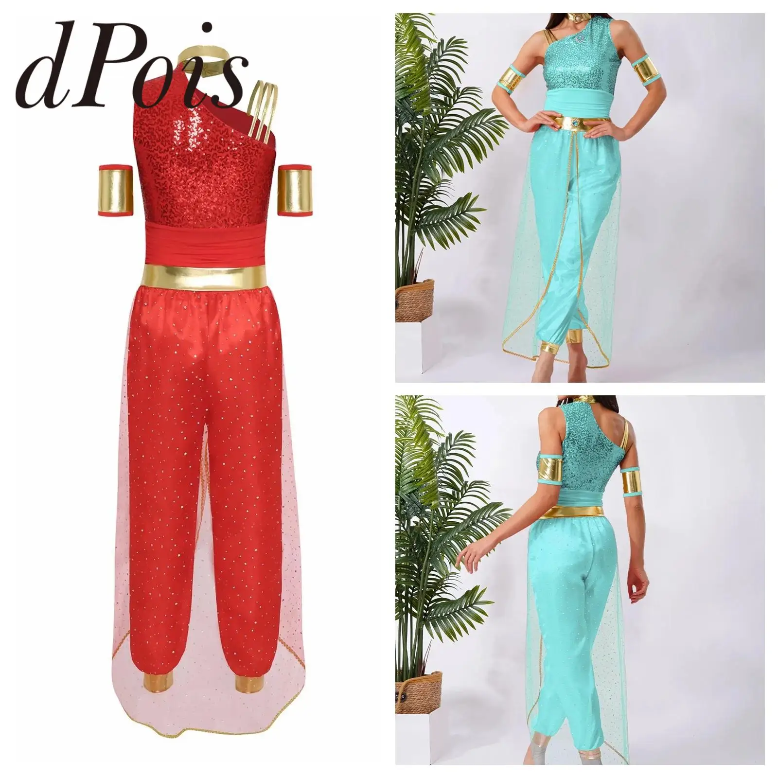 

Женский костюм арабской принцессы на Хэллоуин, карнавальное платье, блестящий тюлевой боди с блестками, сценическое представление, индийские арабские костюмы