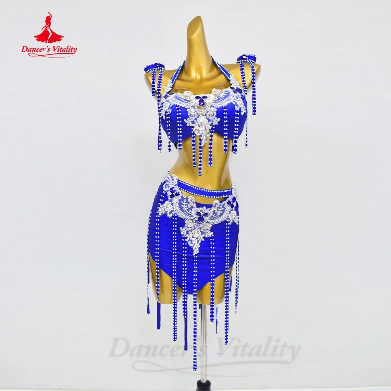 BellyDance Clothing Suit Customized Senior AB Stones Bra+Luxury Rhinestone Tassel Skirt 2pcs Oriental Dance Performance Clothing