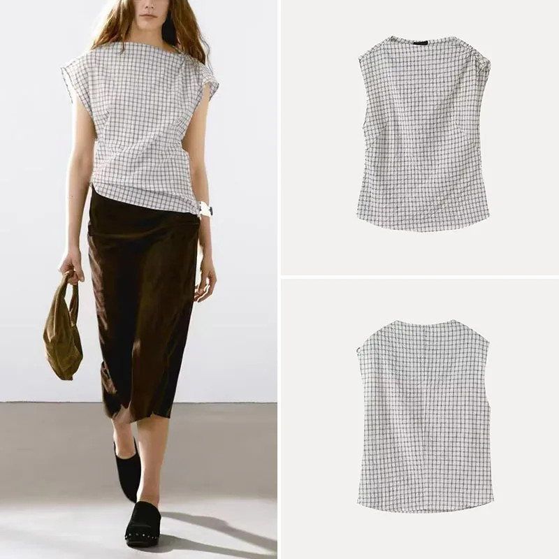 

Spring 2025 MD Women's Commuter irt ort Sve Pleated Collar White Plaid Polyester Fiber 00% New Arrival Ladies' irt