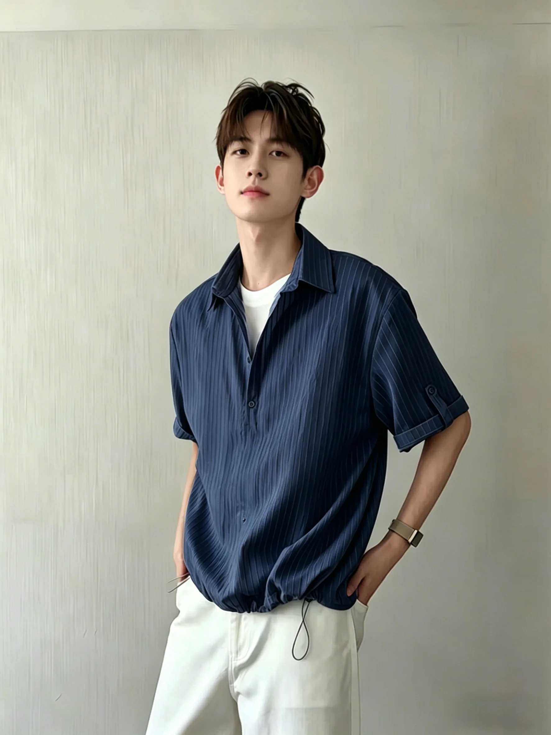 

Men's Neck Striped Ice Silk Short Sleeve Shirt Loose Fit Summer Breathable Cleanfit Style Regular Length Button Closure