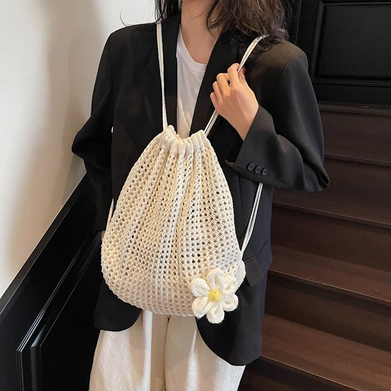 Solid Color Knitting Shoulder Bag Large Capacity Bohemian Crochet Backpack Hollow Out Versatile Beach Travel Tote Bag For Women