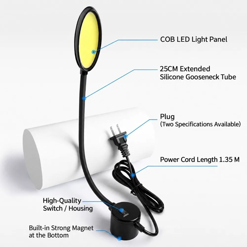 New Flexible LED Sewing Machine Light Magnetic Base Energy Saving Gooseneck Lamp Plug Powered COB LED Task Light Craft Lighting