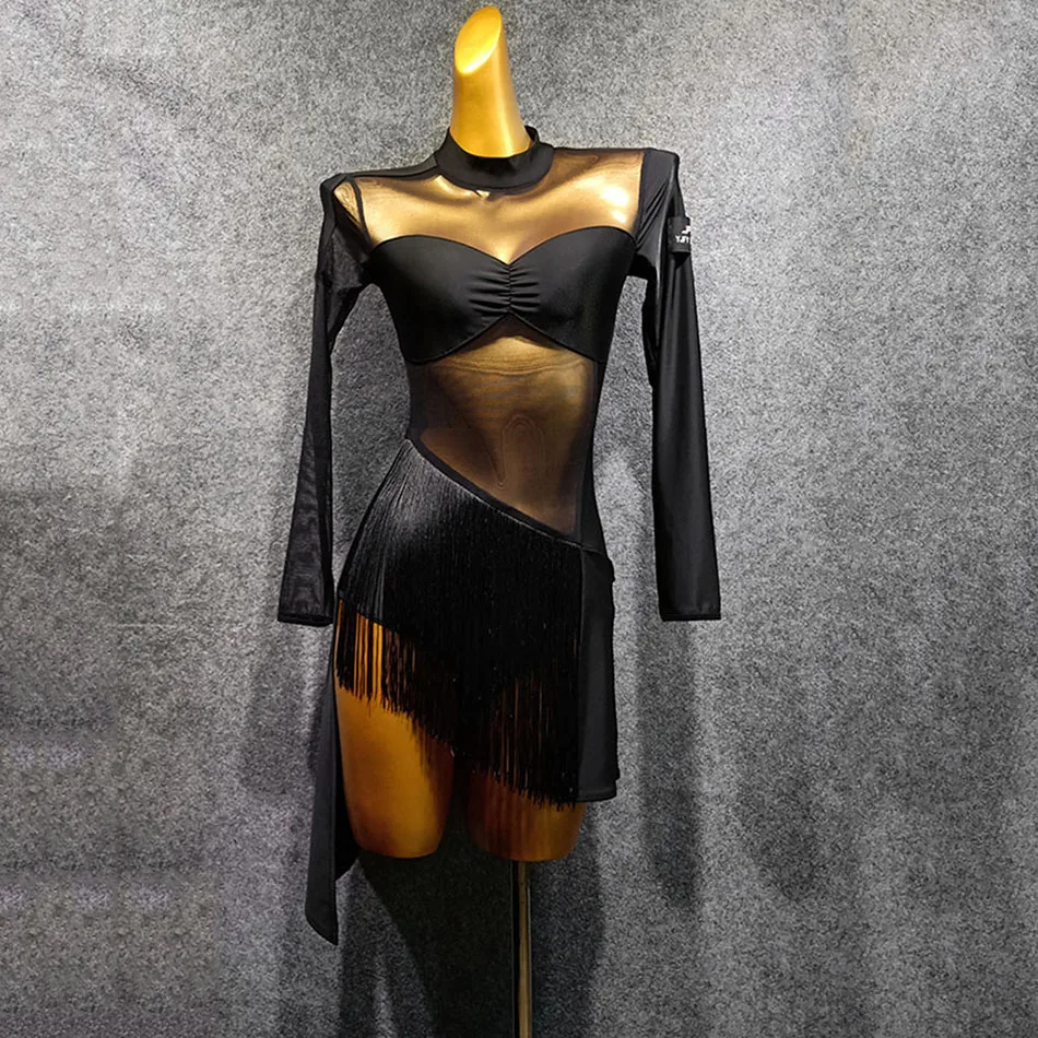 

Лоскутное платье для латинских танцев с длинными рукавами и кисточками для женщин, танцевальное платье для латинских танцев, бальное платье для самбы, танго LW446