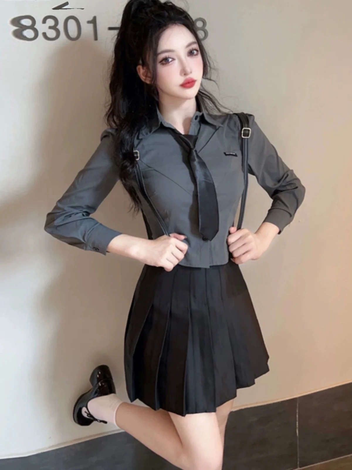 

Облегающая плиссированная юбка с высокой талией и галстуком Long Sve Асимметричный комплект для молодых женщин Faionable Student orm