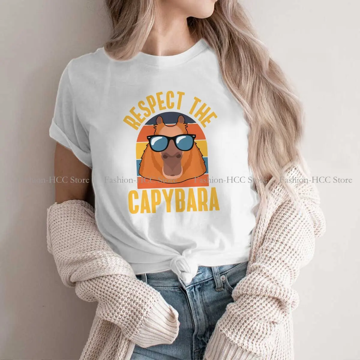 Respect The Capybara Round Collar Polyester TShirt  Classic T Shirt Women Clothes Fashion