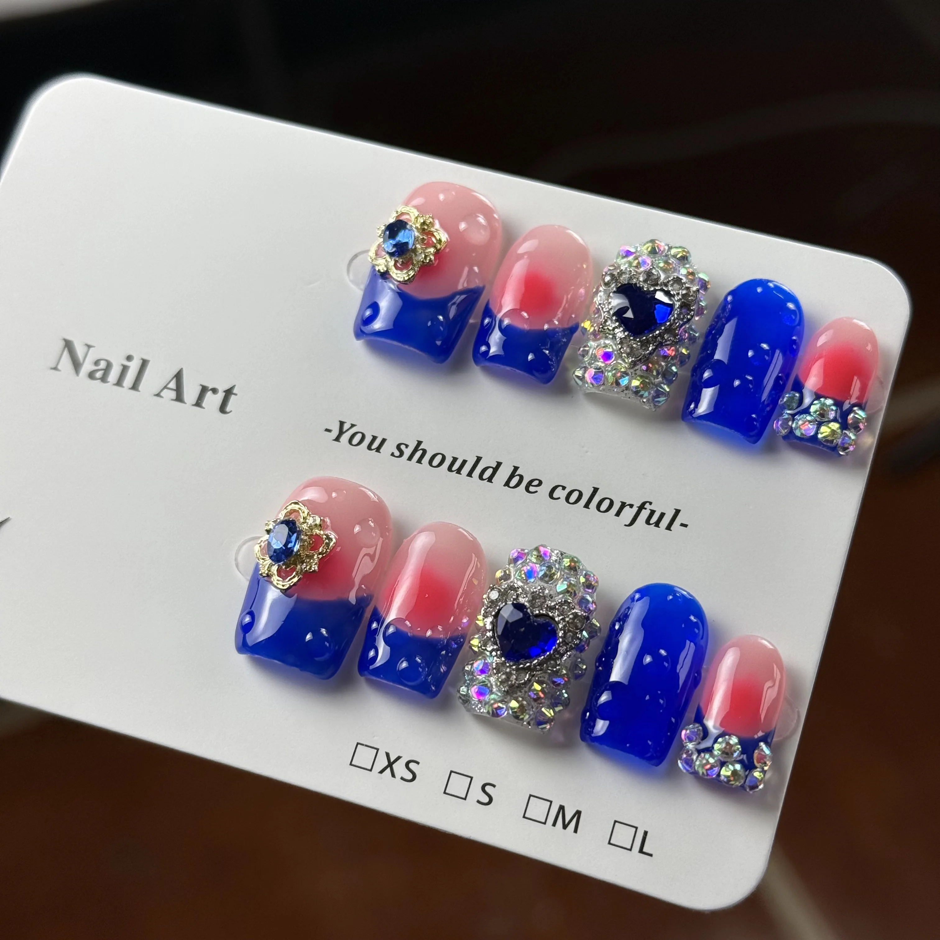 10pcs high-end The crane expands with blue and pink, glittering with diamonds and a three-dimensional heart handmade French Tip