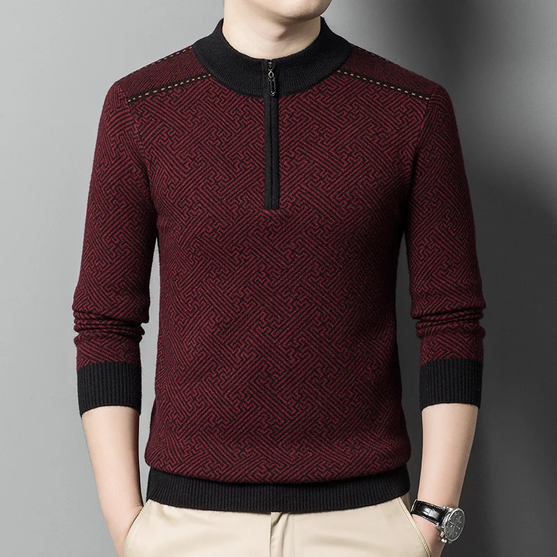 남성용 스플라이스 컬러 비즈니스 캐주얼 슬림핏 지퍼 풀오버 스웨터, 두꺼운 니트 아빠 스웨터, 가을 겨울 의류 상의