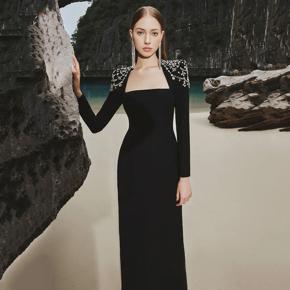 

Newest Fashion Designer Vestido Women's Long Sleeve Square Collar Diamonds Beaded Long Maxi Dress Wedding Evening Formal Gowns