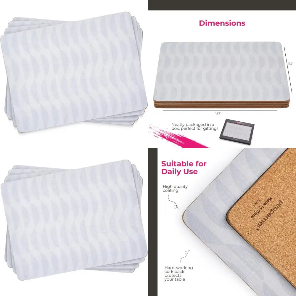 

Элегантные серые подставки под тарелки, набор из 4 штук, 15,7 x 11,7 дюймов, 5 мм, с пробковой основой, устойчивые к жаре и пятнам.