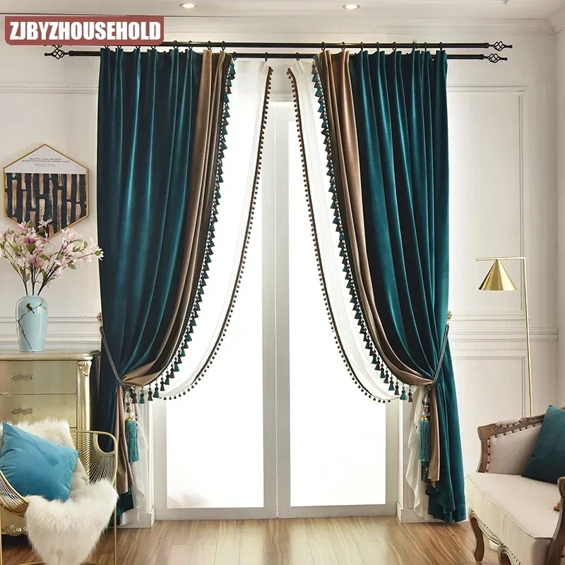 American Luxury Green Blue Velvet Curtains for Living Room Bedroom Villa Peacock Light Brown Beads Textured Thickening Custom