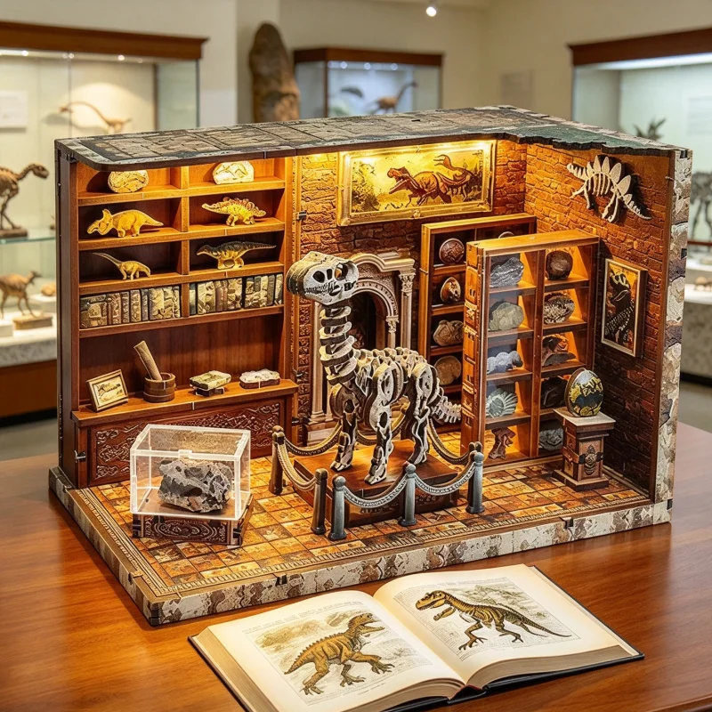 DIY Mini Dinosaur House 3D Wooden Puzzle Book Stand Simulation Prehistoric World Stereoscopic Dinosaur Doomsday Handmade Gifts