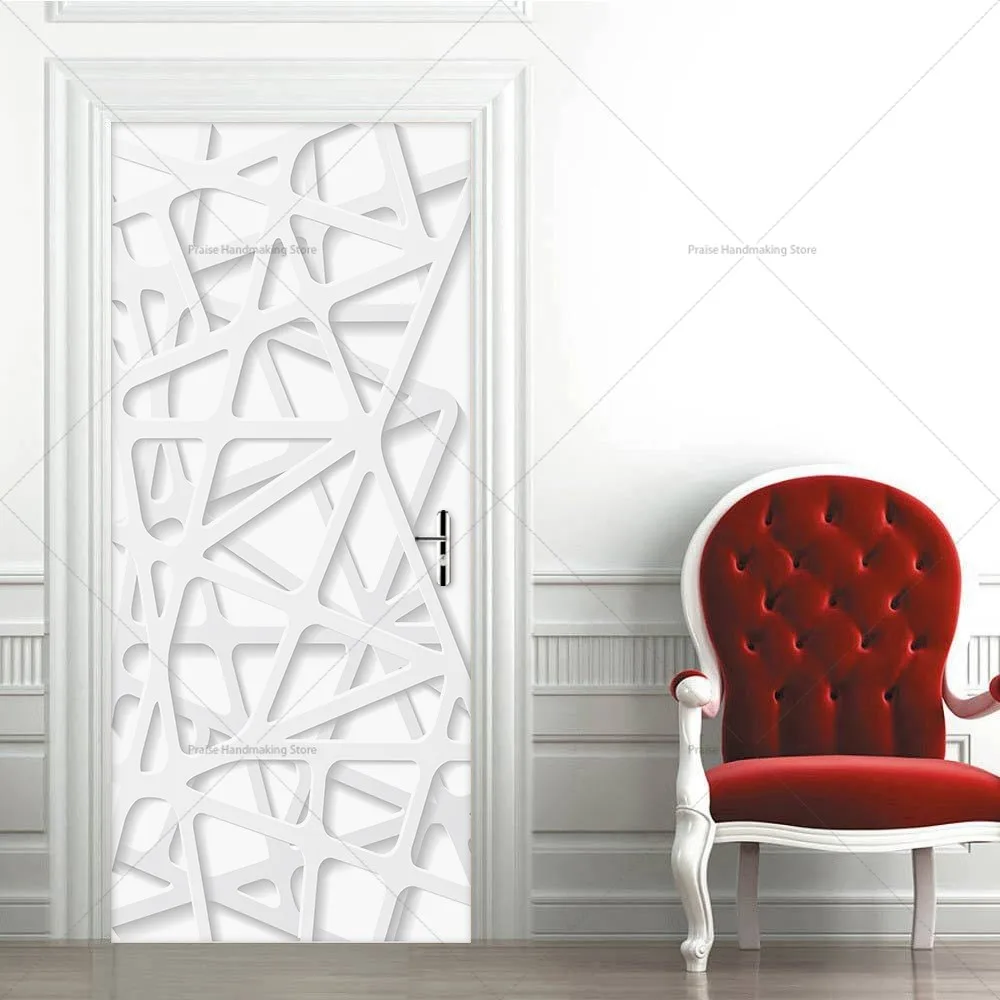 Flat White Geometric Door Stickers for Bedroom and Bathroom Door Decoration Self-adhesive Removable PVC Home Stickers