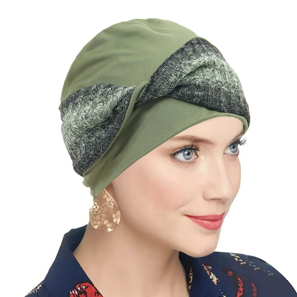 2pcs Women Color Block Twist Turban Hat Knitted Spliced Soft Stretchy Head Wrap Cap Fashion Beanie Hat Ladies Headwear Turbante