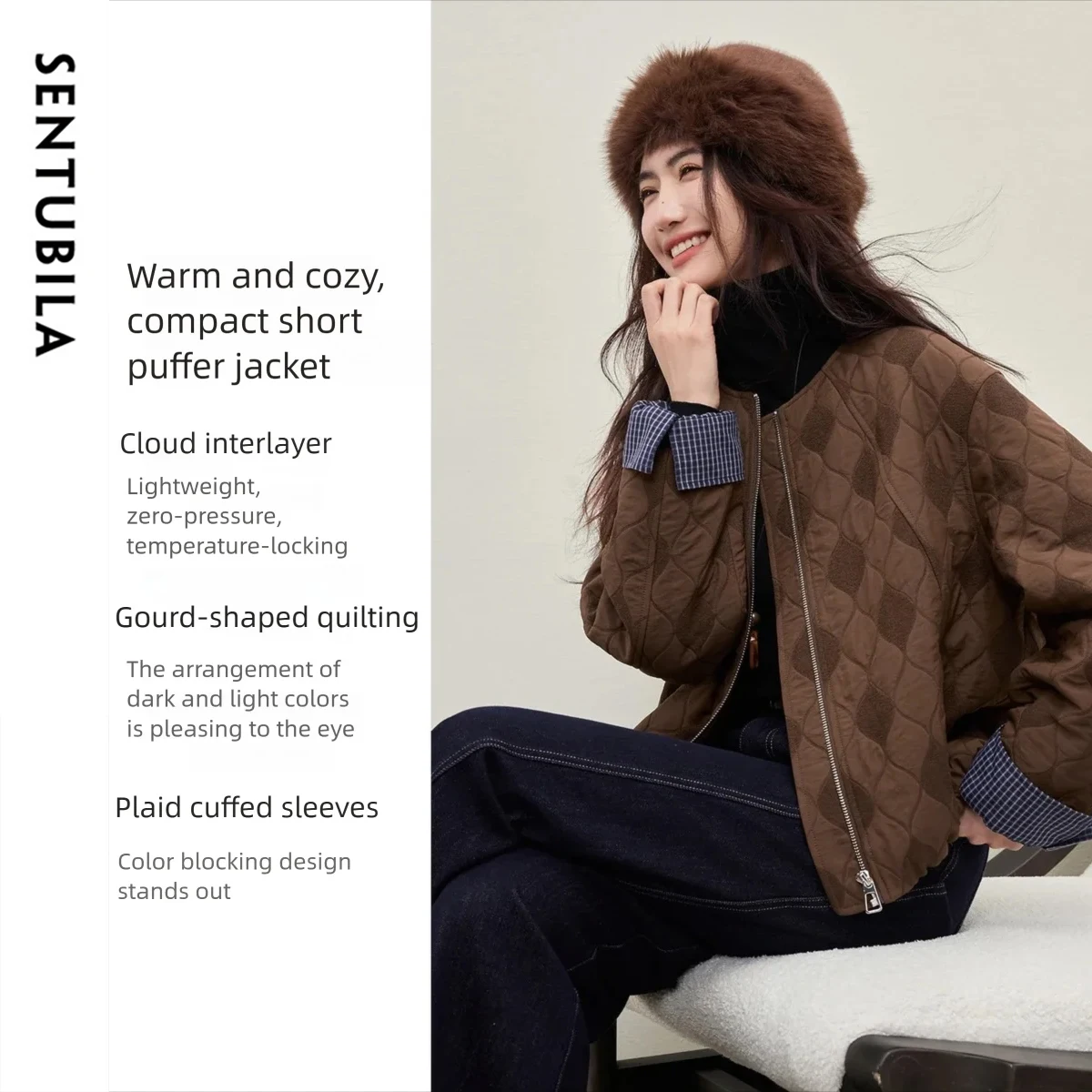 

SENTUBILA женская короткая парка в стиле ретро, зима 2025 года, свободный крой, контрастные стеганые куртки с круглым вырезом на молнии, теплая женская одежда 154MB4962