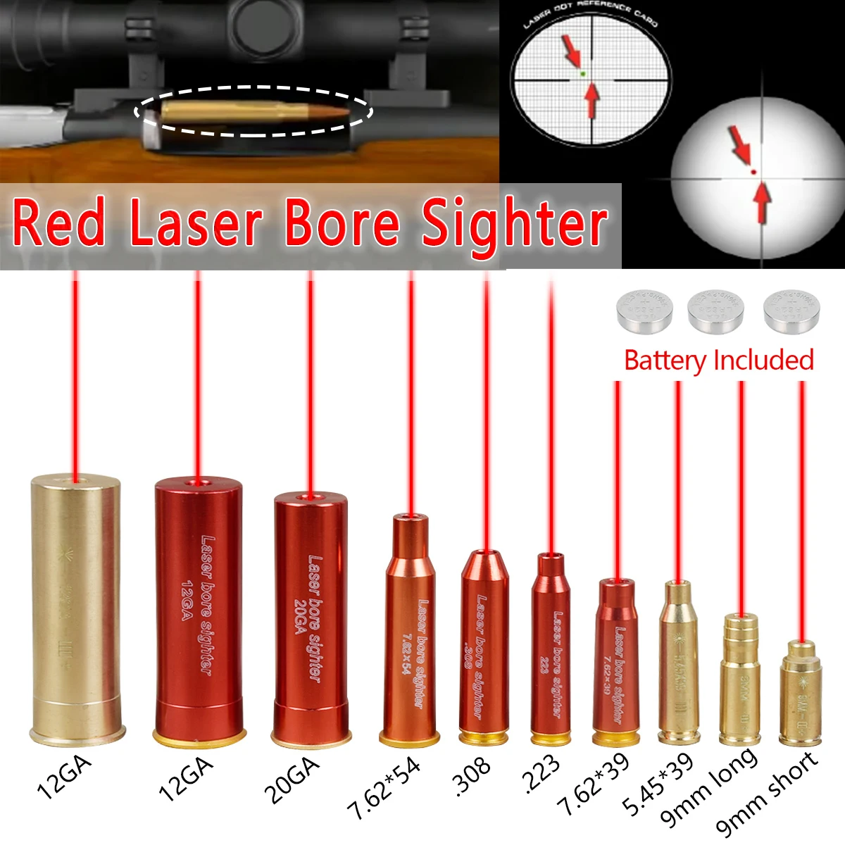 20GA 12GA 9x19mm .223 Red Laser Bore Sighter 5.45x39 7.62x54 7.62x39 Airsoft AK47 Glock 17 19 9mm Laser Collimator Boresighter