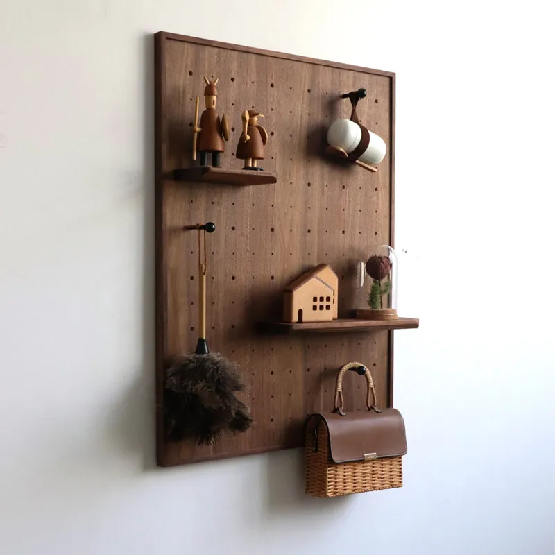 

Black Walnut Wood Pegboard Wall Shelf Entryway & Coffee Bar Decorative Storage Rack for Kitchen Office Living Room Organizer