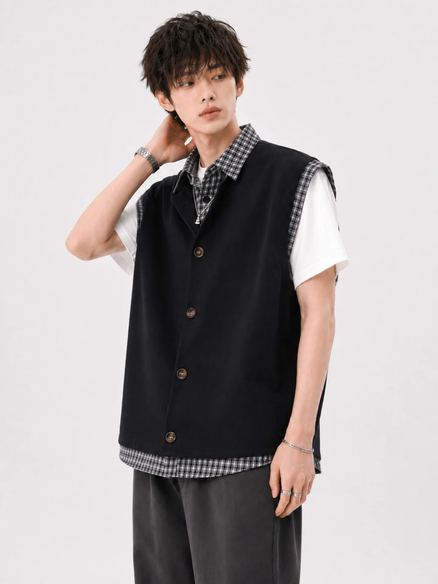 

Retro Plaid Half-Shirt Vest Unisex Sleeveless Patchwork Summer Breathable Korean Style Flip-Collar Button-Placket Casual Vest