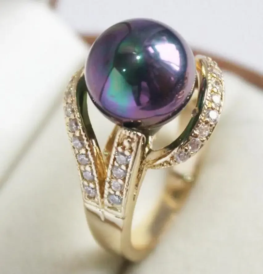 lady's elegant new jewelry 18KGP with crystal decorated &12mm purple shell pearl ring(#7.8.9)