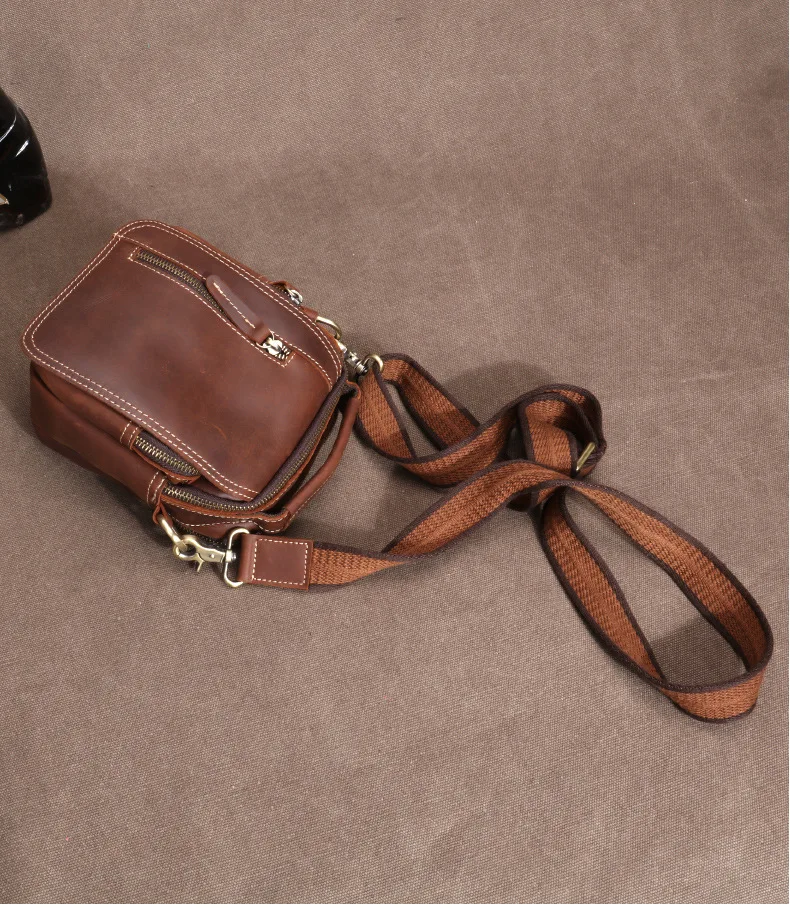 Crazy Horse Leather Crossbody Bag Top-Grain Cowhide Convertible Waist Pack