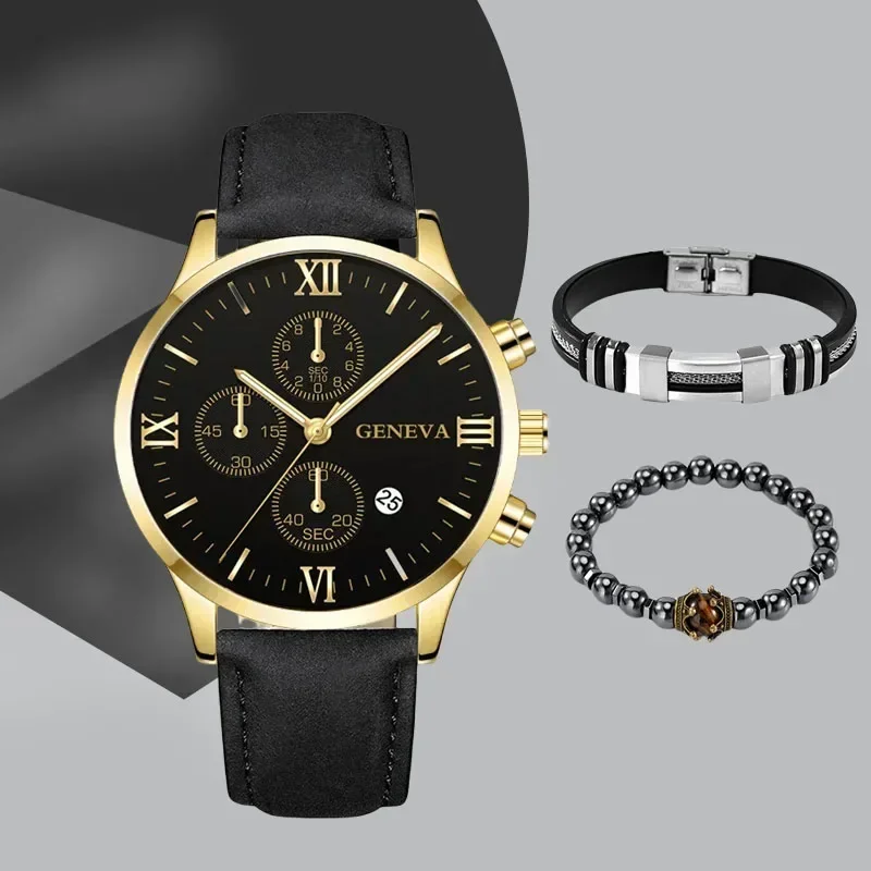 นาฬิกาแฟชั่น + สร้อยข้อมือนาฬิกาผู้ชายเรียบง่ายบางพิเศษสายหนัง PU เหมาะสำหรับธุรกิจควอทซ์สำหรับผู้ชาย