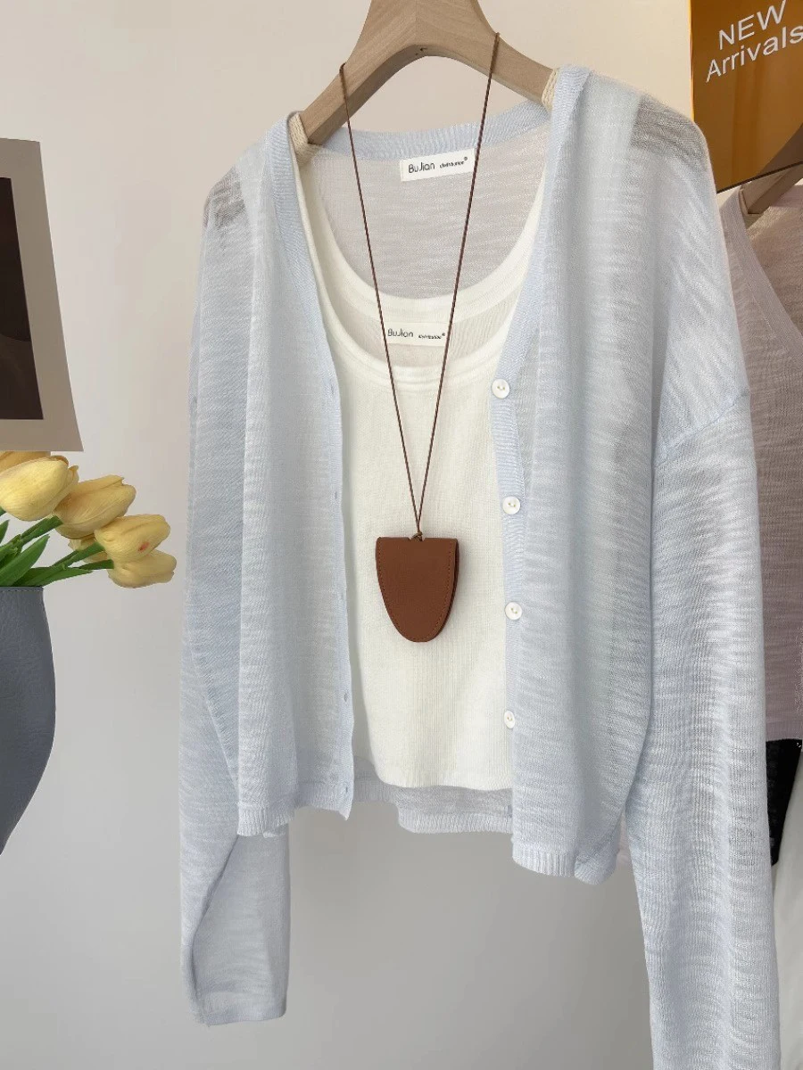 Lightweight V-Ne Bamboo Rayon Knitted Open Cardigan Women's Early Autumn Sun Protection Top Outerwear Loose Sensation Skirt