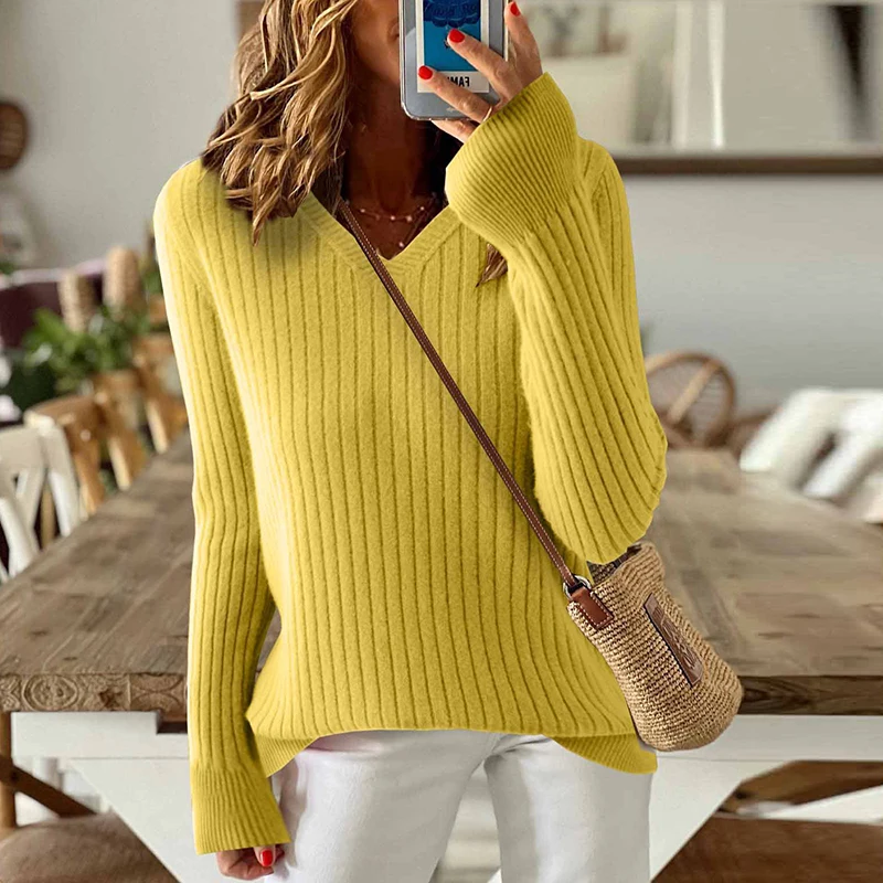 Damski sweter z długim rękawem, dzianinowy pulower z dekoltem w serek, dzianinowy sweter damski, zimowe podstawowe topy, damski sweter