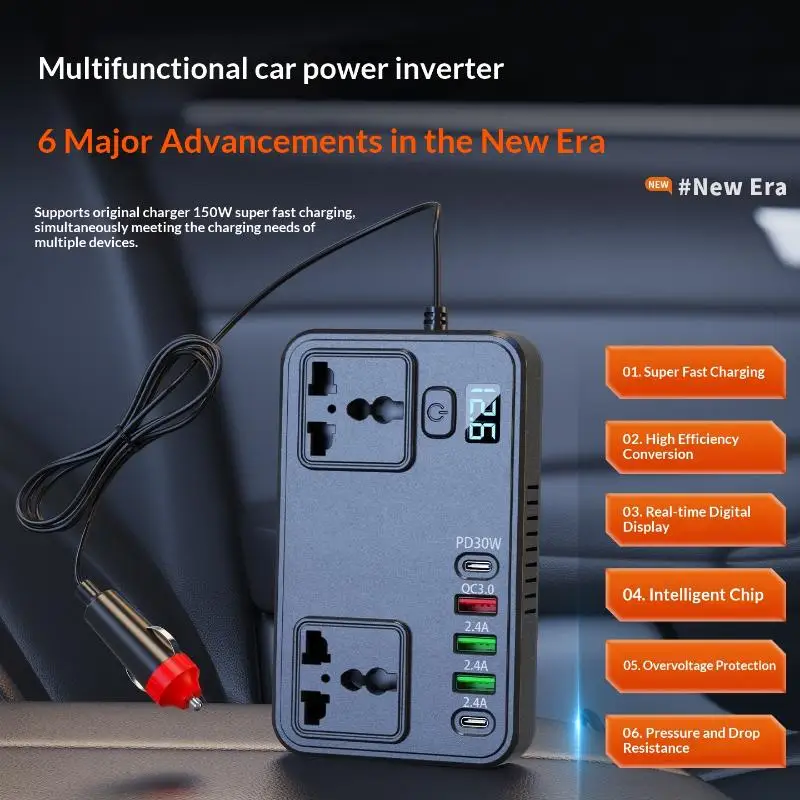 150W Car Cigarette Lighter Inverter DC 12V 24V to AC 220V for Convenient Mobile Charging