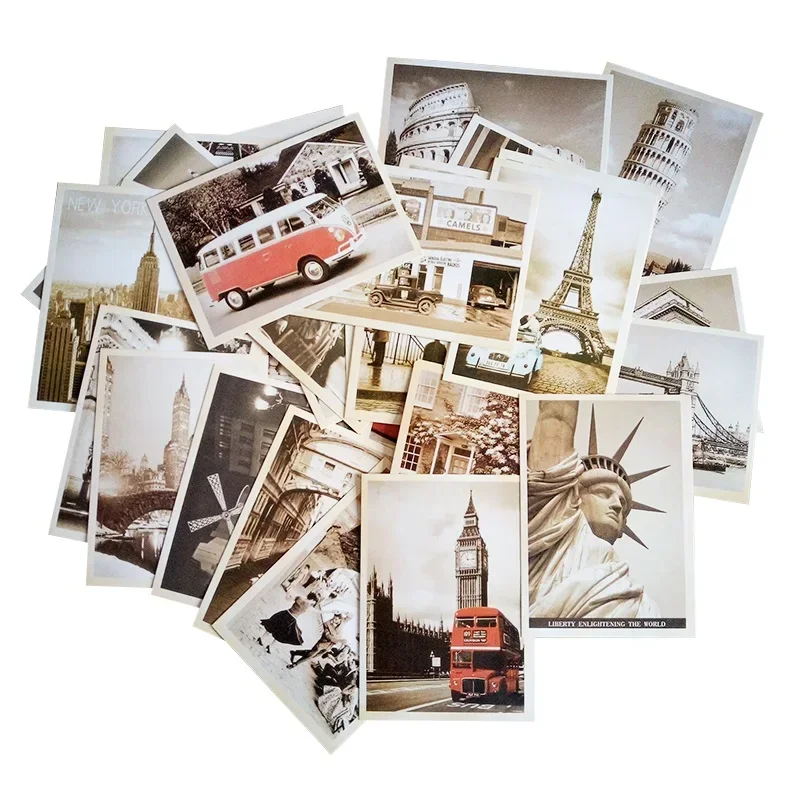 32Pcs/pack Vintage Cards Journal Decoration DIY Supplies Nostalgic Collage Stickers Gift Cards Multi Styles Optional Postcard