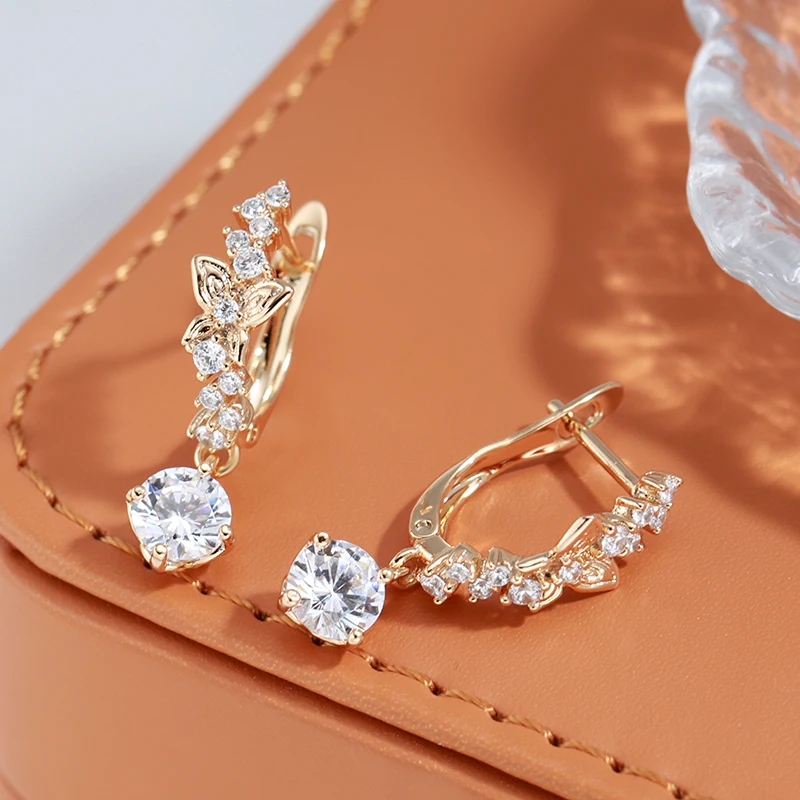 Kinel Luxury 585 Rose Gold Color Women Earring Bling Natural Zircon Dazzling Hollow Butterfly Dangle Earring Fine Daily Jewelry