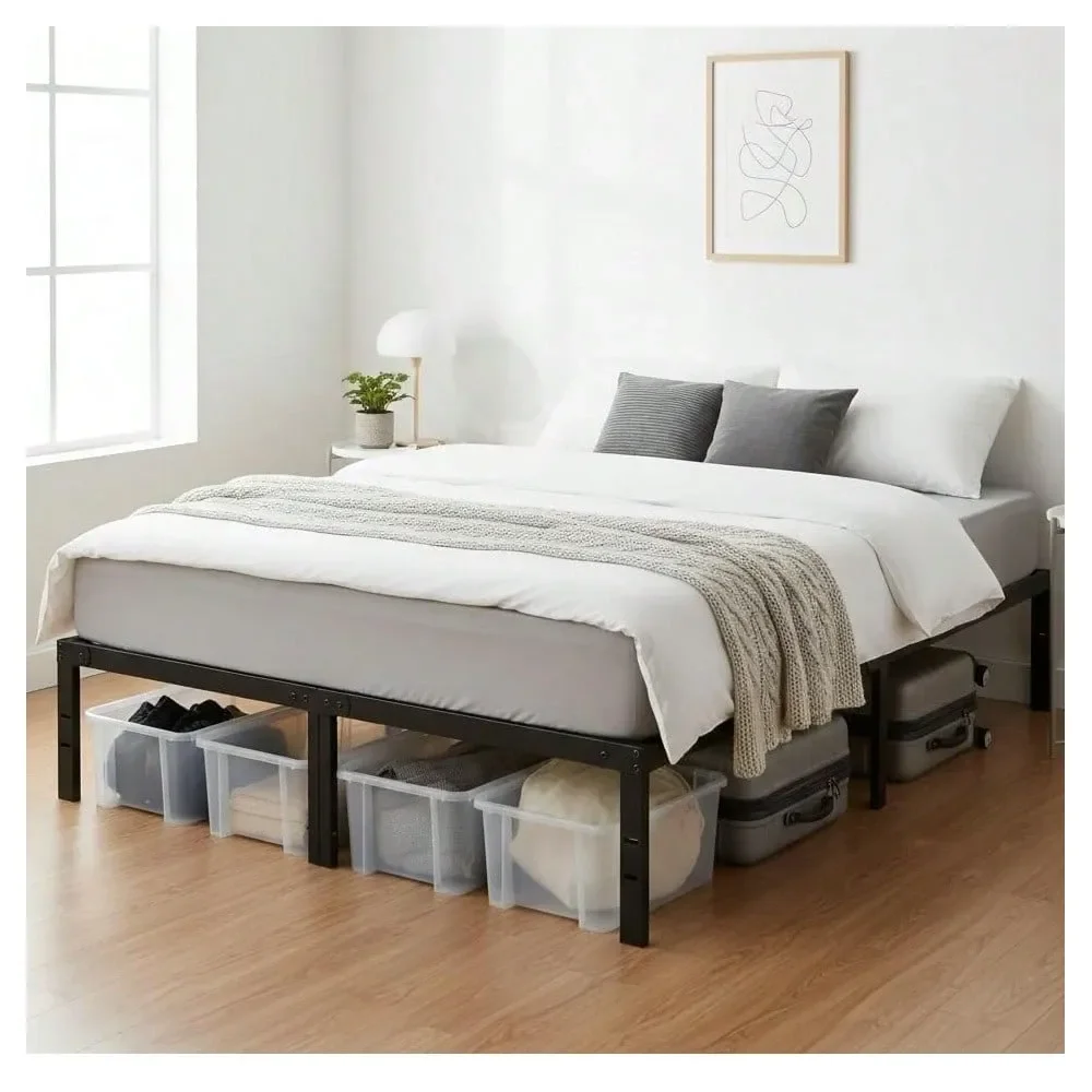 

Steel Bed Frame,Heavy Duty Metal Bed Frame With Storage Space, NoiseFree Platform Base,King Queen Size 14in 16in 18in Platform