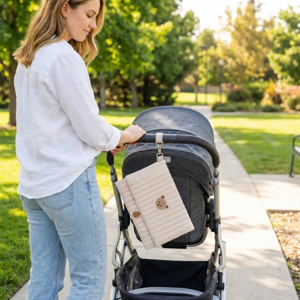 Cute Baby Hanging Diaper Bag Multi-Compartment Cotton Foldable Storage Pouch Multiple Solid Colors Convenient
