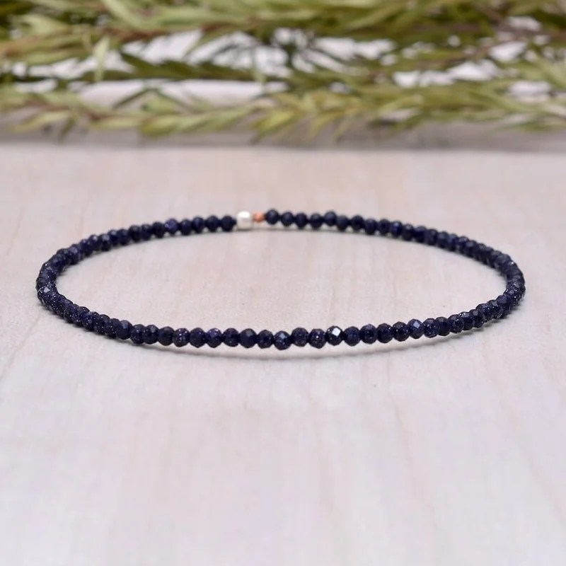 Natural Black Sandstone 2MM Tiny Faceted Gemstone Bead 6-8inch Stretchable Bracelet
