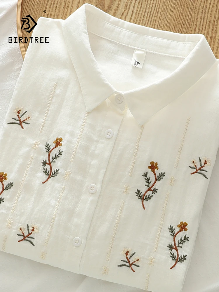 

New Summer Cotton Yarn Casual Shirt Women Lapel Short Sleeve Embroidery Tops Girl Loose Sweet OL Blouses 2024 Autumn T45820QC