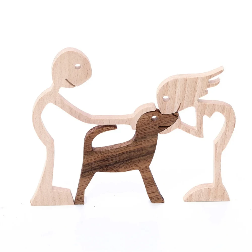 Family Wood Dog Decor Handmade Sculptures Craft Creative Figurine Ornement Decoration For Bedroom Home Office Decor Gift Natural