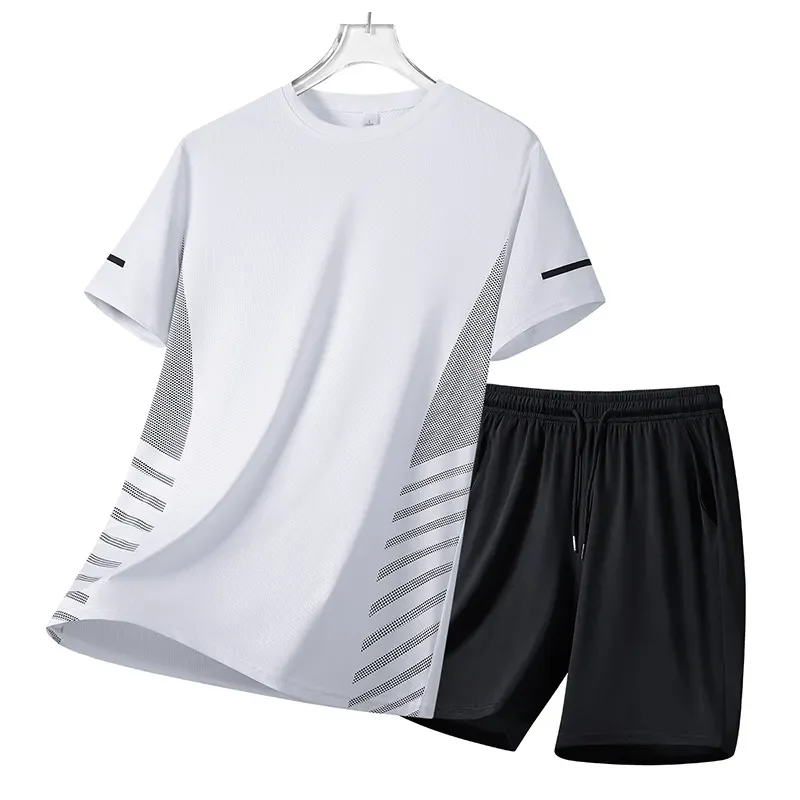 

Men's Summer Loose Sports Suit Ice Silk Quick-Drying Short-Sleeved Casual Versatile Five-Piece Pants Two-piece Set