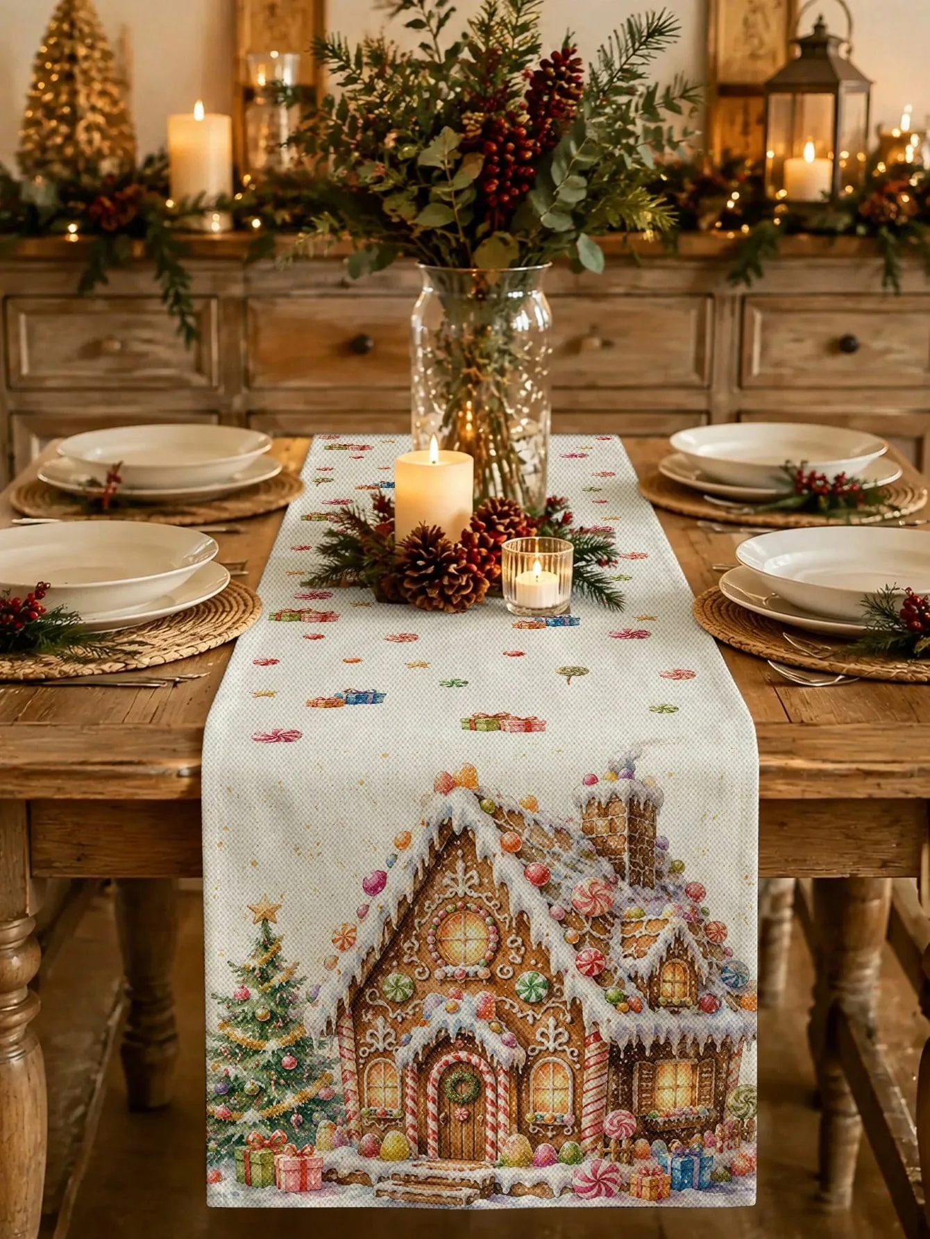 1pc Christmas Gingerbread House Linen Table Runner Multi Size 2D Print for Dining Table Kitchen Living Room Xmas Family Party