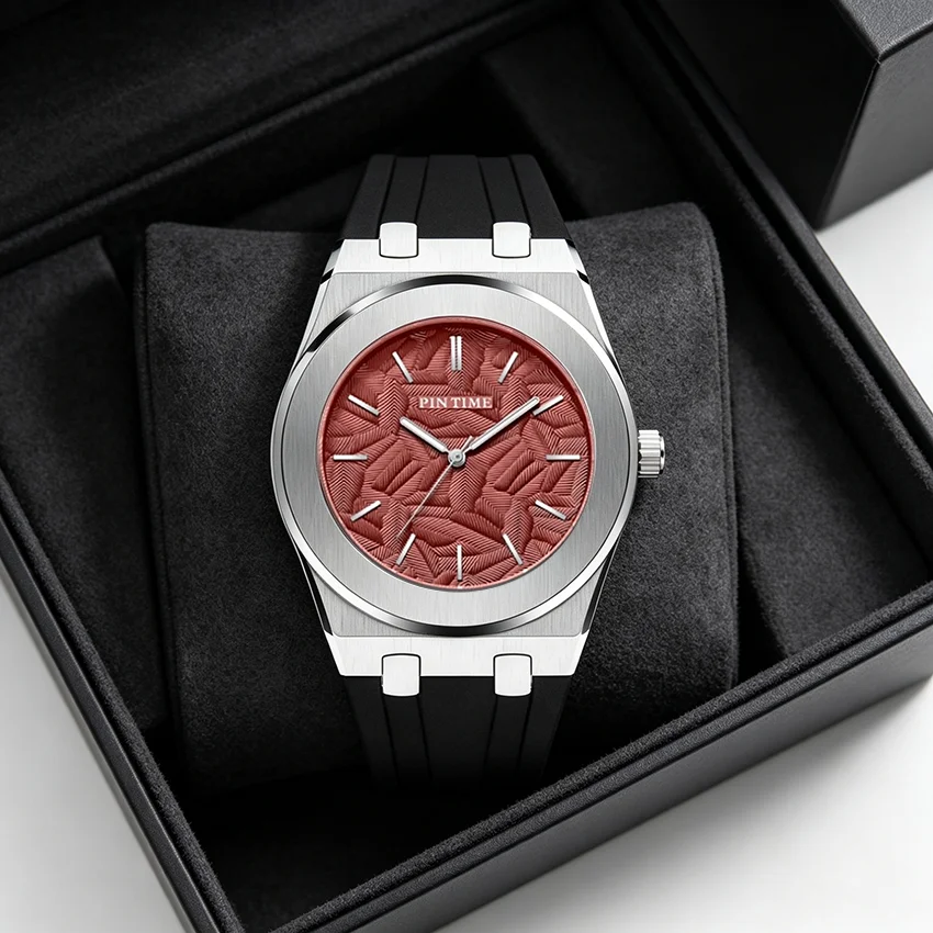 HOT Business Men's Watch Waterproof Leisure Quartz Watch Men's Clock Silicone Strap with  Leaf-shaped Dial Pattern Watch