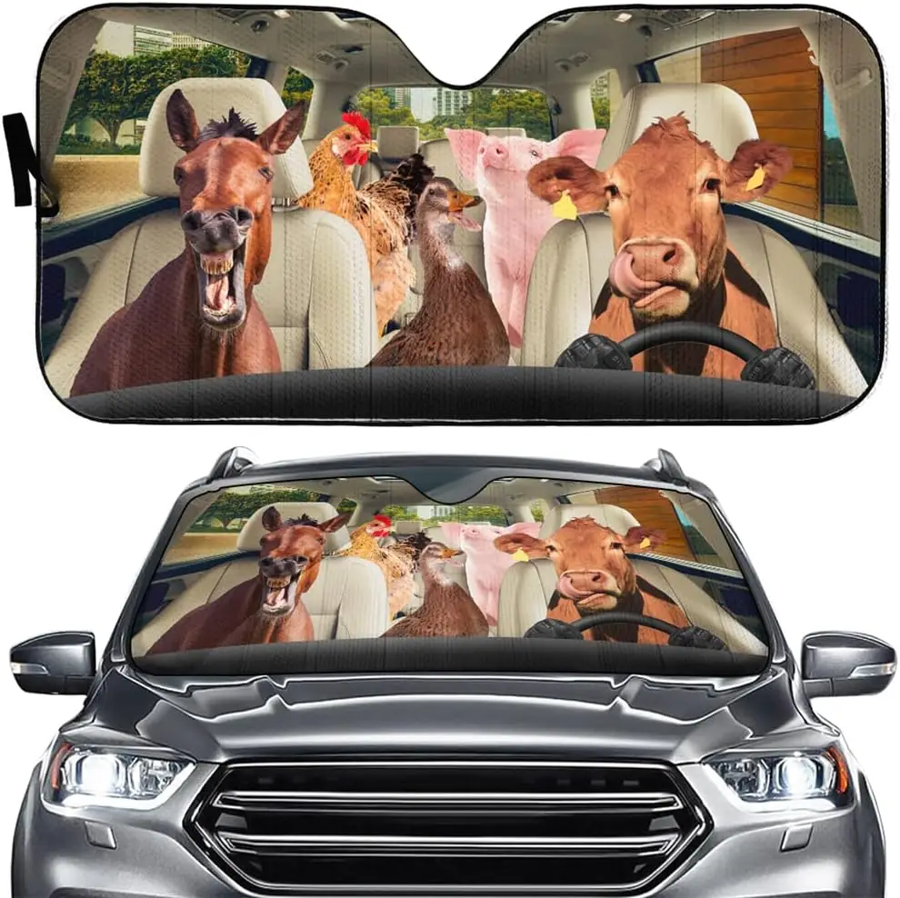 Farm Animals Car Sun Shade for Front Window Windshield Cow Horse Sunshade Cover Reflector Hen Pig Duck Auto Visor SUV Truck