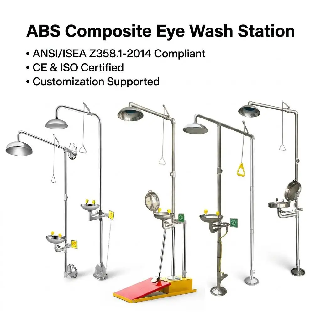 Compound floor-to-ceiling eyewash with wastewater tank for anti-corrosive emergency showers in drainless laboratories