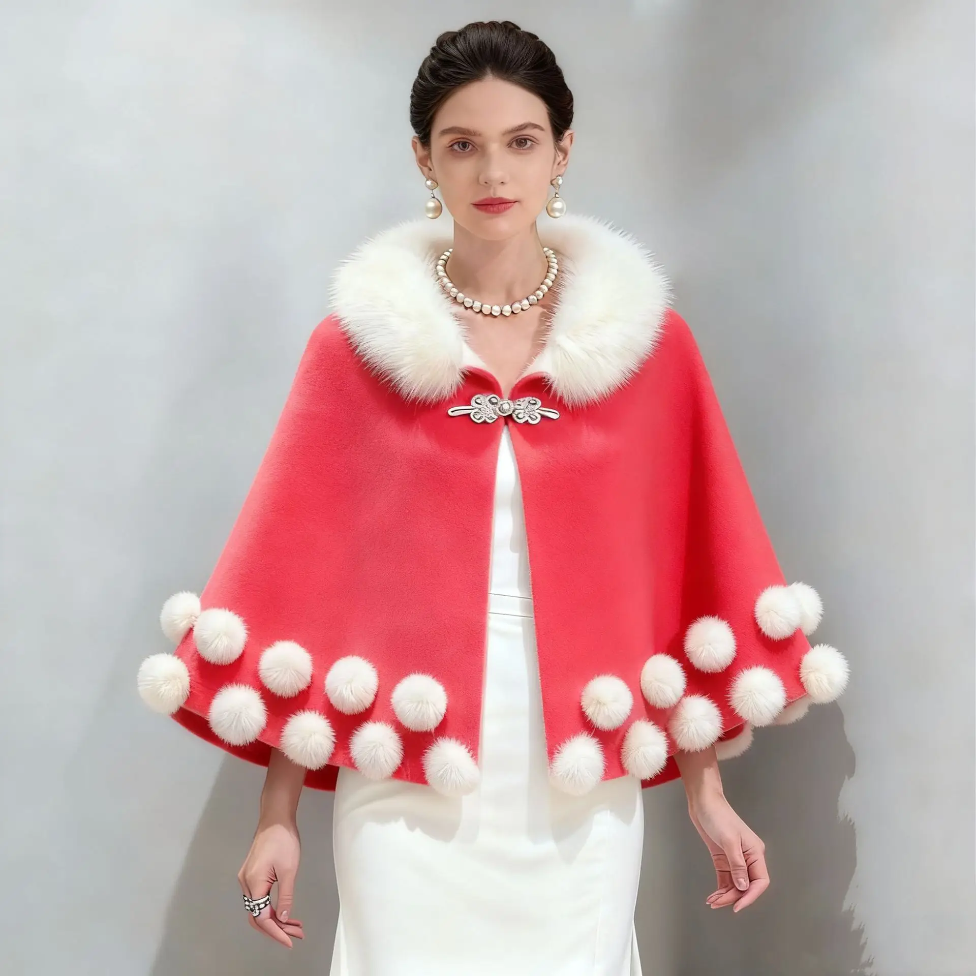 Warm Cape Shawl for Women with Faux Fur Collar and Pom Pom Knit Cardigan Style Wrap Plus Size Elegant Winter Outerwear