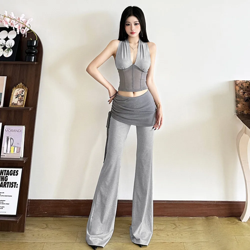 

SylCue Mesh Patchwork 2 Piece Set Women Low-Neck Halter Backless Crop Tops+Ruched High Waist Wide-Leg Pants Fashion Elegant Suit