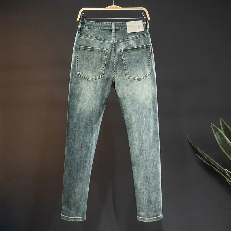 2024 Retro Blue Simple All-Matching Jeans Men's Fashion Trend Nostalgic High Street Washed Slim Fit Ankle Tight Trousers