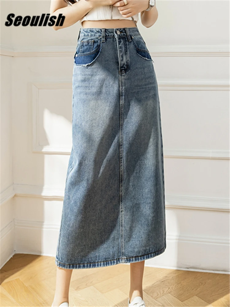 

Seoulish 2022 New Women's Denim Long Skirts High Wasit Jeans Skirts Female Back Split A-Line Straight Skirts Pockets Summer